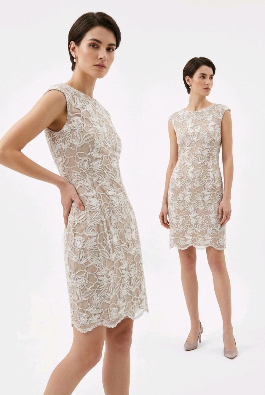 Alex Evenings Sheath Dress Womens 12 Beige Taupe Sequin Lace Scalloped Hem Event
